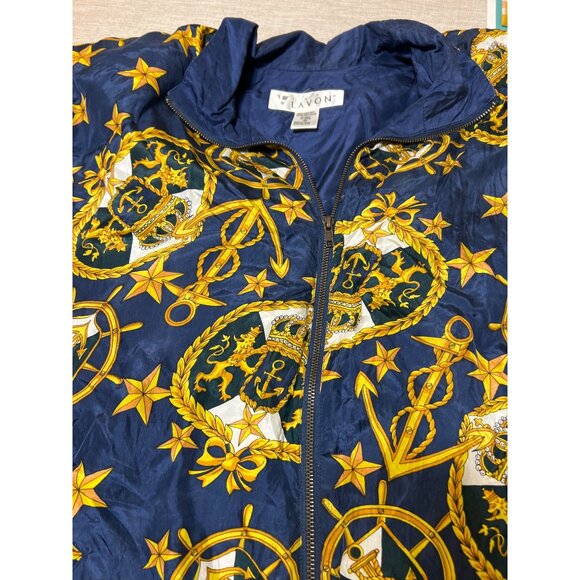 Vintage Lady Lavon 100% Silk Navy Gold Nautical Print Jacket Full Zip Size 2X - Picture 3 of 4
